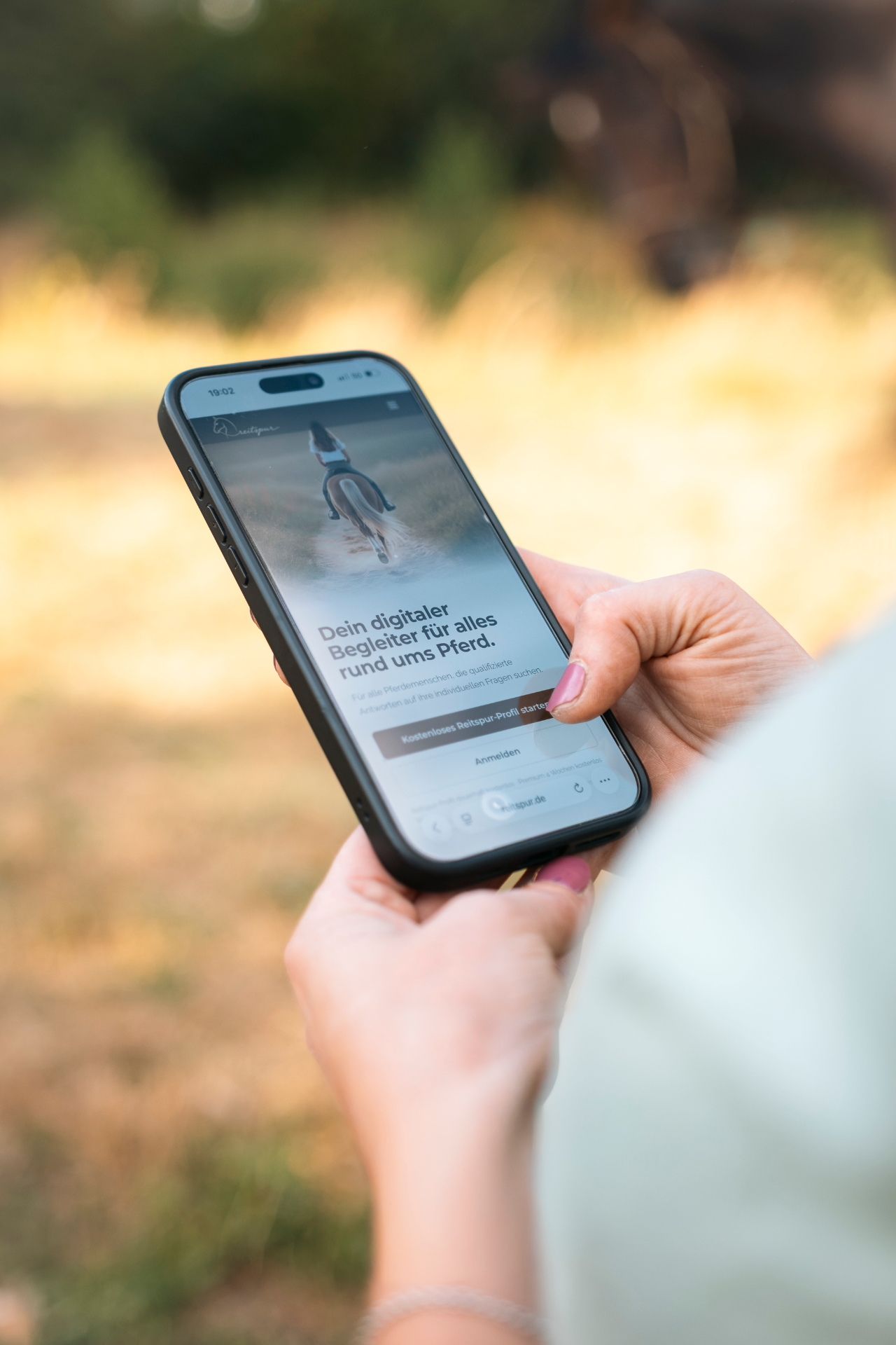 Hand hält ein Smartphone mit der geöffneten Reitspur-App, im Hintergrund unscharf ein Pferd auf der Koppel im Abendlicht