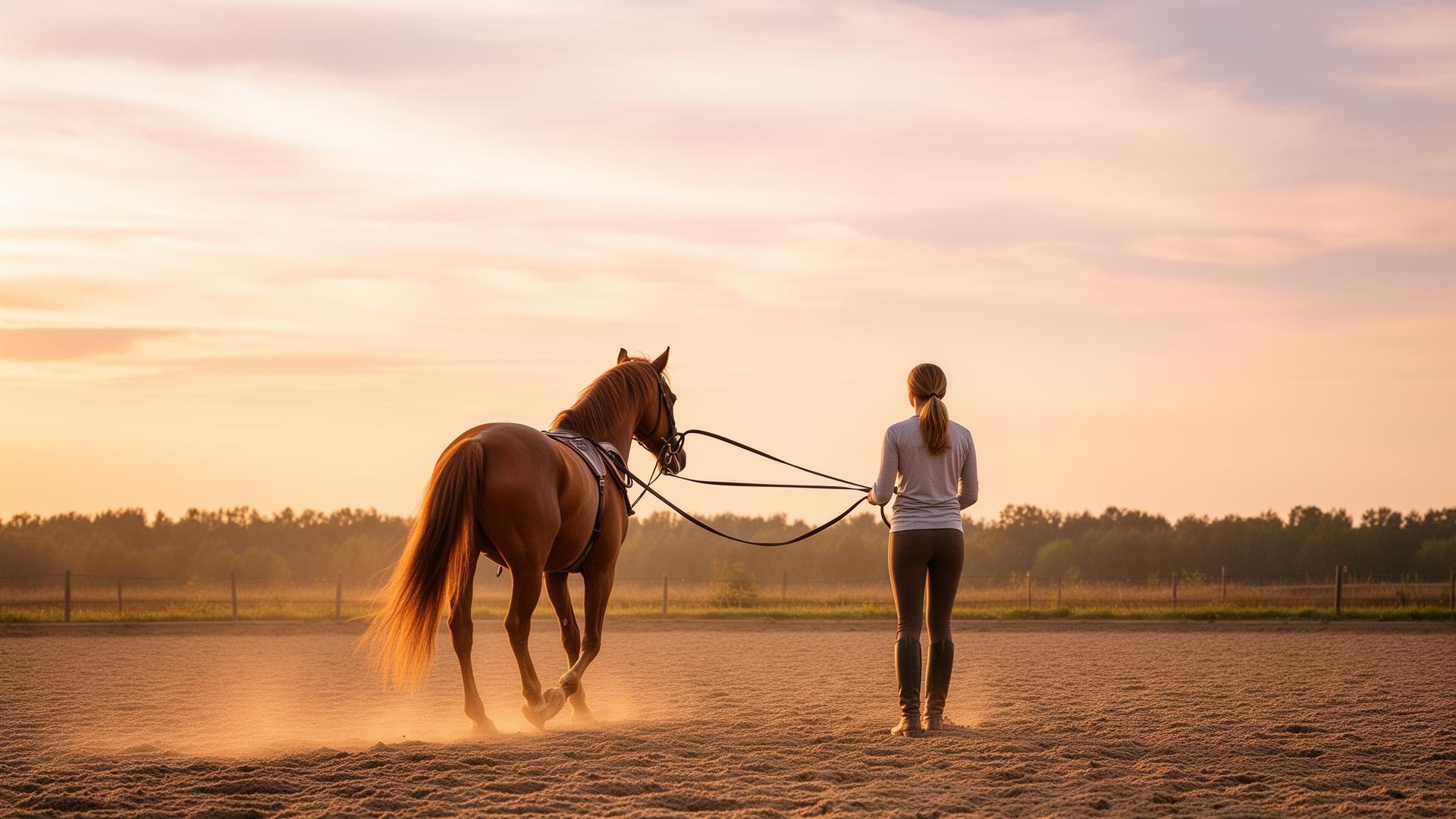 Braunes Pferd wird an der Doppellonge im sandigen Reitplatz gearbeitet, warmes Abendlicht