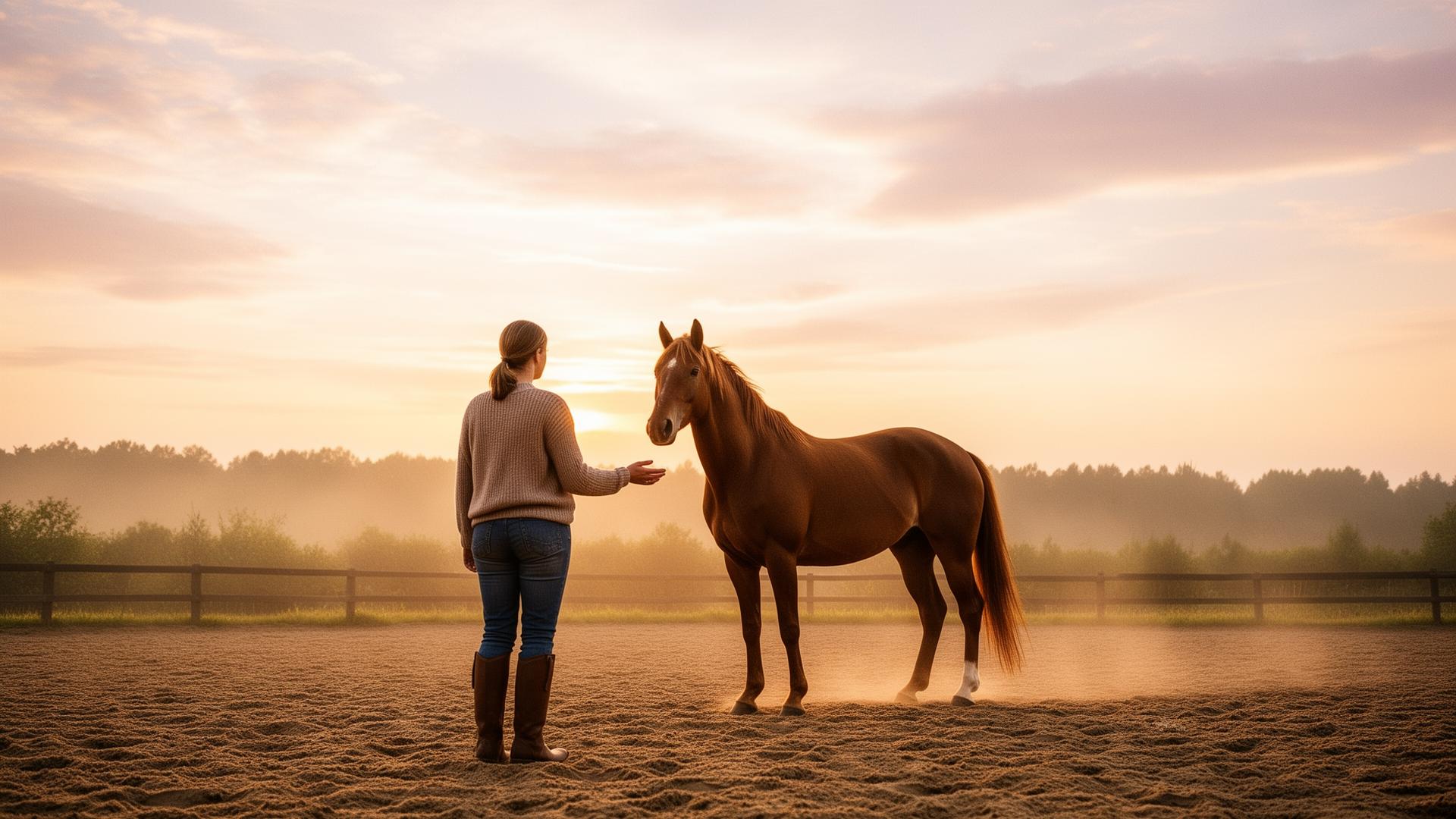 Reiterin steht in offener Körpersprache vor ihrem braunen Pferd auf einem sandigen Reitplatz, das Pferd ist ohne Halfter und schaut sie aufmerksam an, warmes Abendlicht