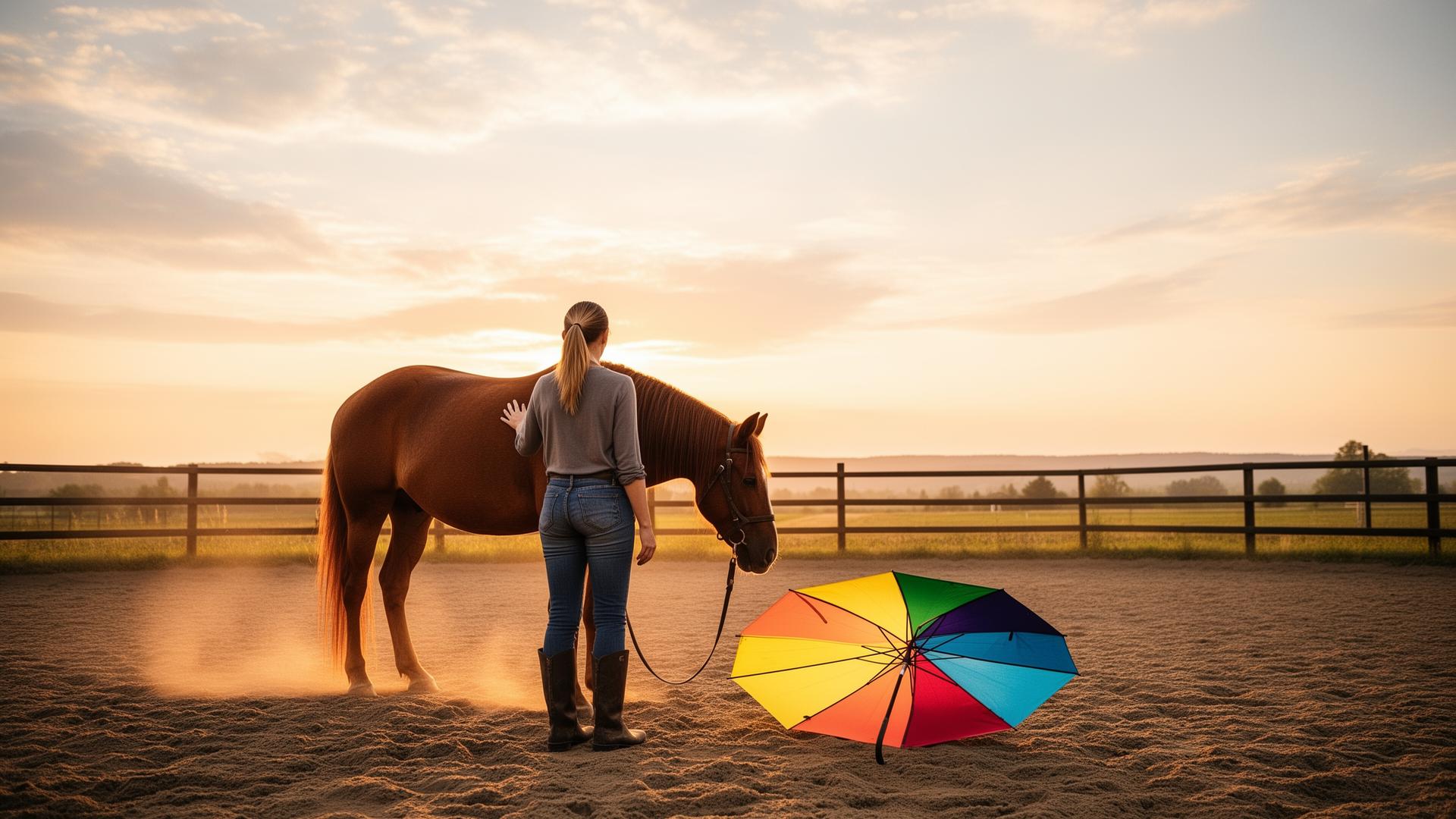 Braunes Pferd steht ruhig in einem sandigen Reitplatz, daneben ein geöffneter Regenschirm am Boden, warmes Abendlicht