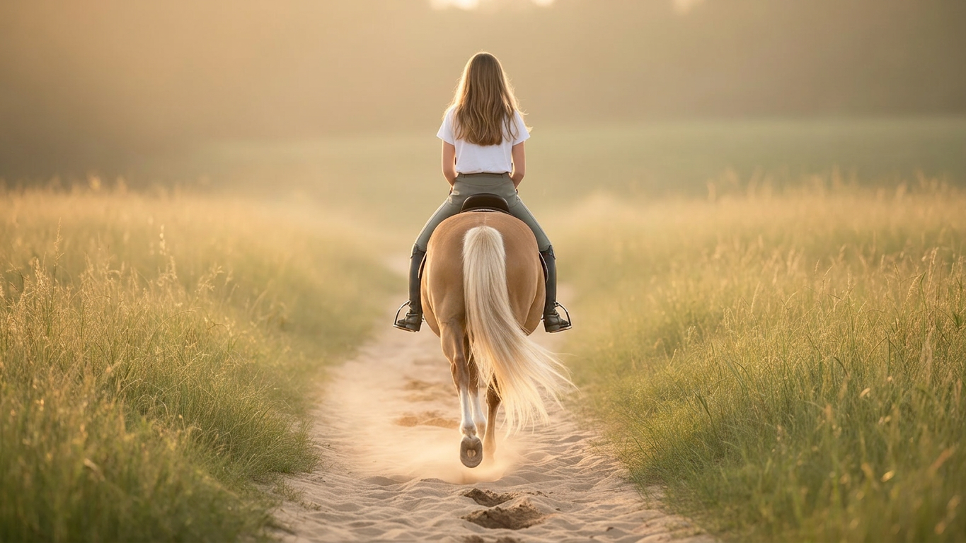 Reiterin geht mit ihrem Pferd einen sandigen Reitpfad entlang — sichtbare Hufspuren im goldenen Abendlicht